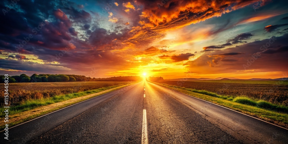 Naklejka premium Vintage Sunset Asphalt Road to Success - Motivational Stock Photo
