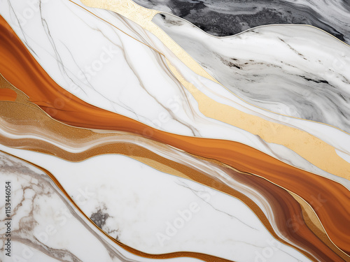 Abstract marble in white, gray, and brown with granite tiles and gold wood creates an elegant scene photo