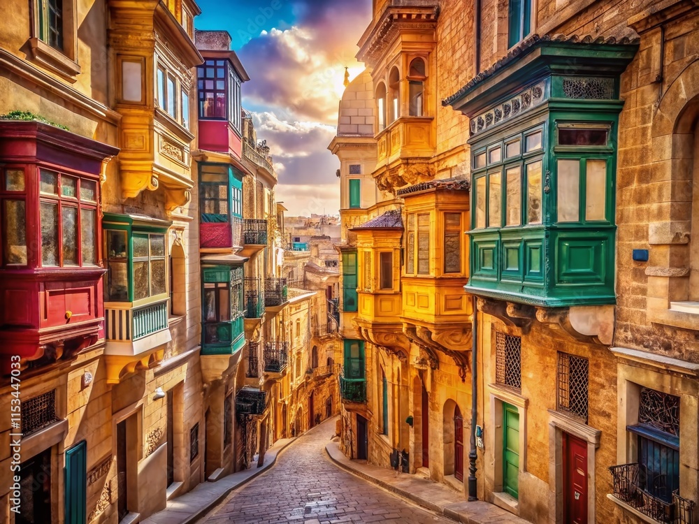 Fototapeta premium Vintage Valletta, Malta: Sun-Drenched Streets & Historic Architecture
