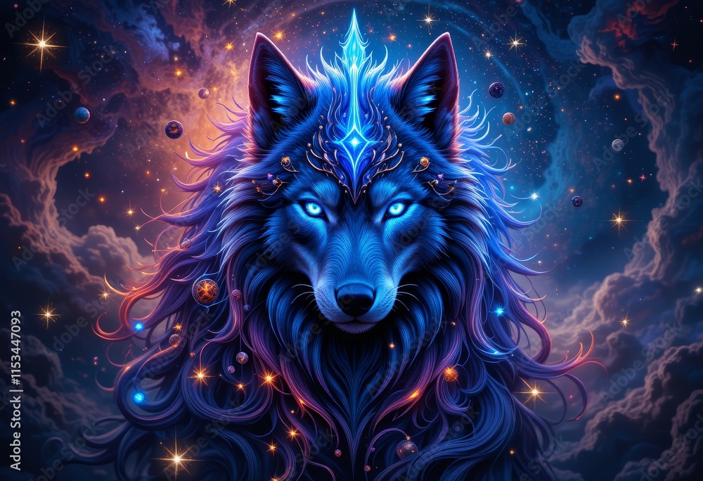 Naklejka premium Cosmic Wolf: A Celestial Canine