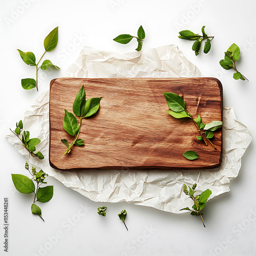 Elegant Wooden Dishboard with Crumpled Paper and Fresh Green Leaves photo