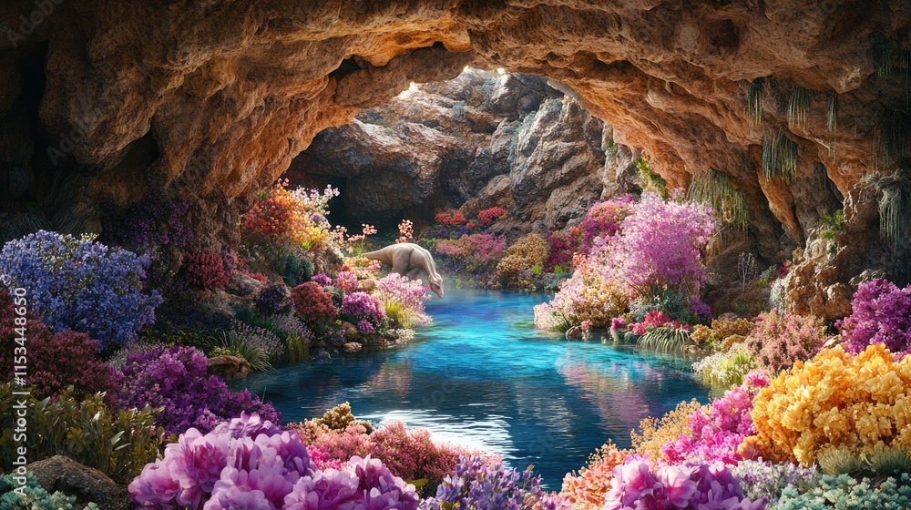 A vibrant cave landscape with colorful flowers surrounding a serene blue water body. A vibrant cave landscape with colorful flowers surrounding a serene blue water body.