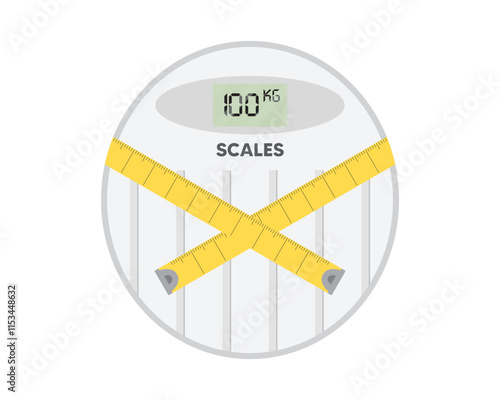 Digital bathroom scales displaying 100kg weight decorated with crossed yellow measuring tapes. related to overweight, Obesity, health, weight management, fitness or dieting concept.