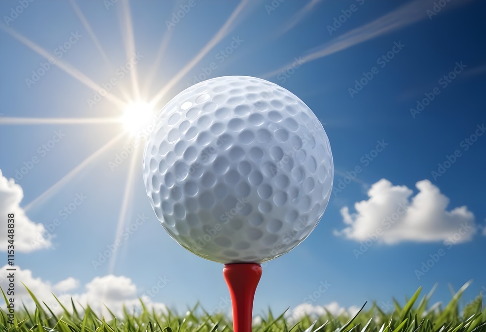 A white golf ball on a tee against a bright blue sky with sun rays A white golf ball on a tee against a bright blue sky with sun rays