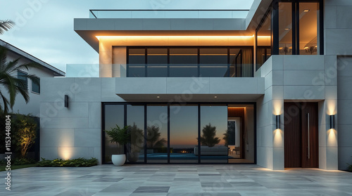 Wallpaper Mural A contemporary two-story house with light gray walls, large black-framed windows, and an outdoor patio area. The house features warm lighting and a sleek design. Torontodigital.ca