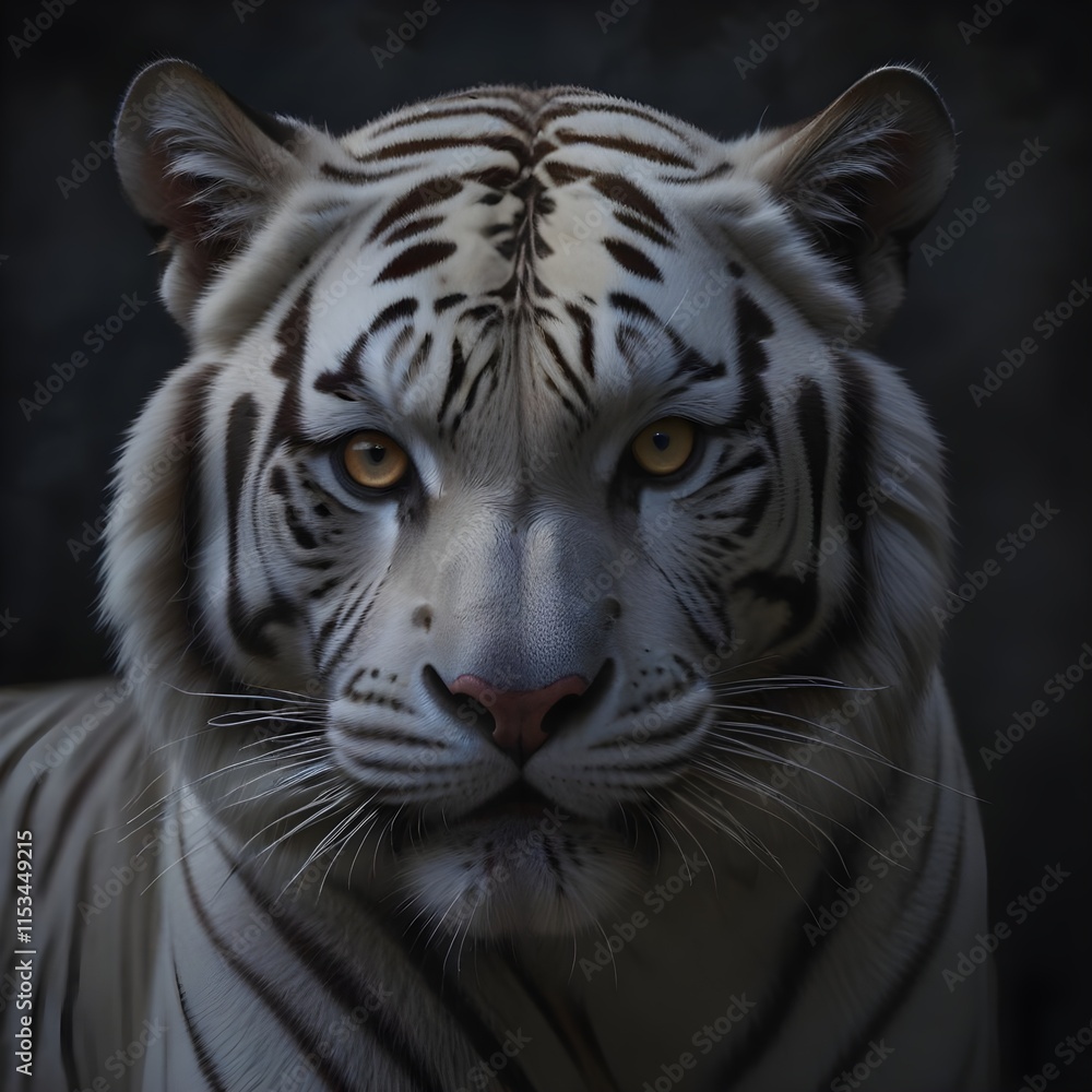 A white tiger with intense eyes and a fierce expression, set against a dark background A white tiger with intense eyes and a fierce expression, set against a dark background