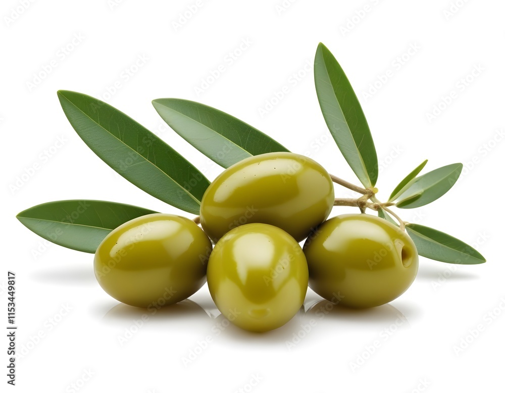 Green olives with leaves on a white background Green olives with leaves on a white background