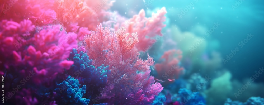 Naklejka premium Vibrant pink coral close-up in a tropical underwater world with a dreamy blue background.