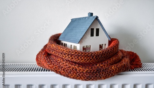 Warmly wrapping a small model house in a woolen scarf atop a white radiator for effective home insulation against winter cold  photo