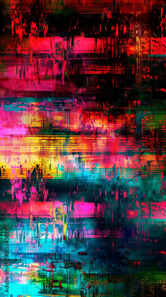 Naklejka premium Abstract glitch art featuring vibrant red, blue, yellow, and green tones with layered digital distortions, textured patterns, and futuristic designs.