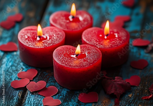 Romantic Group of Red Candles with Hearts on a Blue Surface for a Cozy Valentine’s Day Ambience.