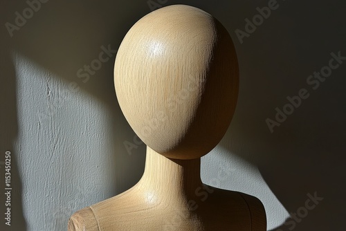 A close-up of a wooden mannequin head, showcasing smooth, featureless contours illuminated by soft sunlight.