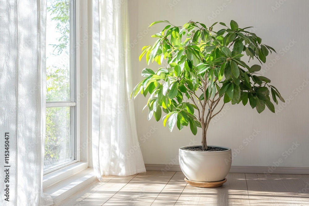 living room with white walls and hardwood floors, including a large green plant in the center of the room living room with white walls and hardwood floors, including a large green plant in the center of the room