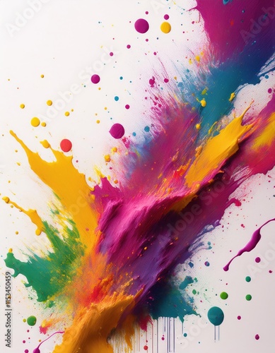 white background with colorful splatters all over it. The splatters are of different sizes and shapes  photo