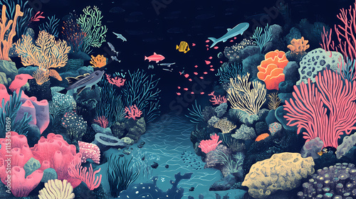 Fototapeta Naklejka Na Ścianę i Meble -  Cartoon underwater scene with coral reef and fish. Seafloor. Illustration