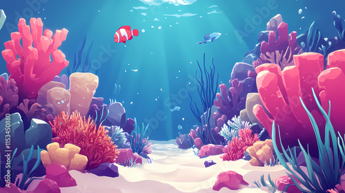 Fototapeta Naklejka Na Ścianę i Meble -  Cartoon underwater scene with coral reef and fish. Seafloor. Illustration