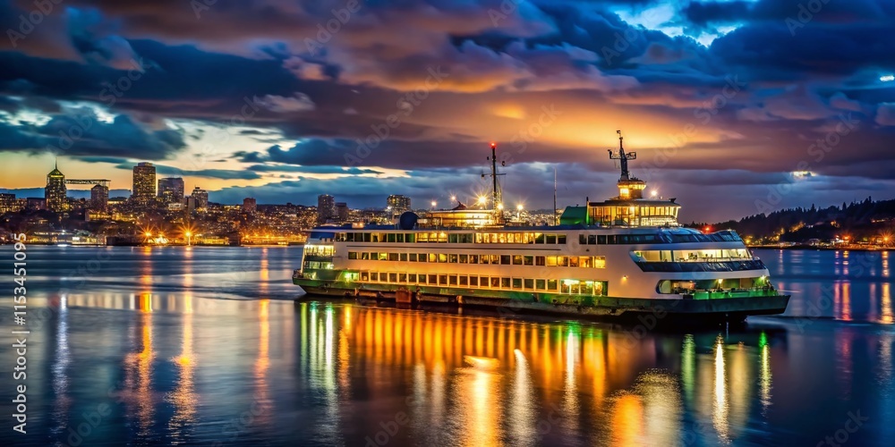 Fototapeta premium Washington State Ferry at Night, Elliot Bay, Seattle Skyline, Puget Sound, Ferry Boat