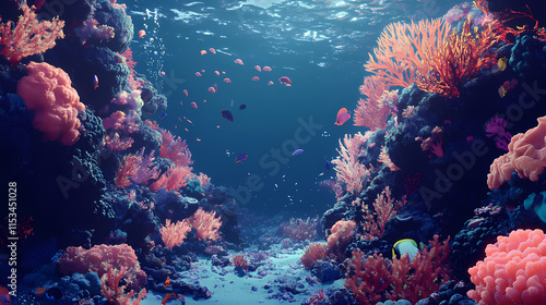 Fototapeta Naklejka Na Ścianę i Meble -  Cartoon underwater scene with coral reef and fish. Seafloor. Illustration