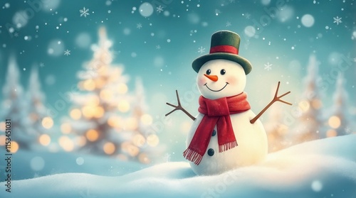 A cute snowman in a snowy winter scene wearing a scarf and hat surrounded by holiday decorations and snowflakes. photo