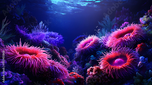 Dark ocean anemone base with red and purple hues, seafloor landscape, sea anemone. Seafloor. Illustration photo