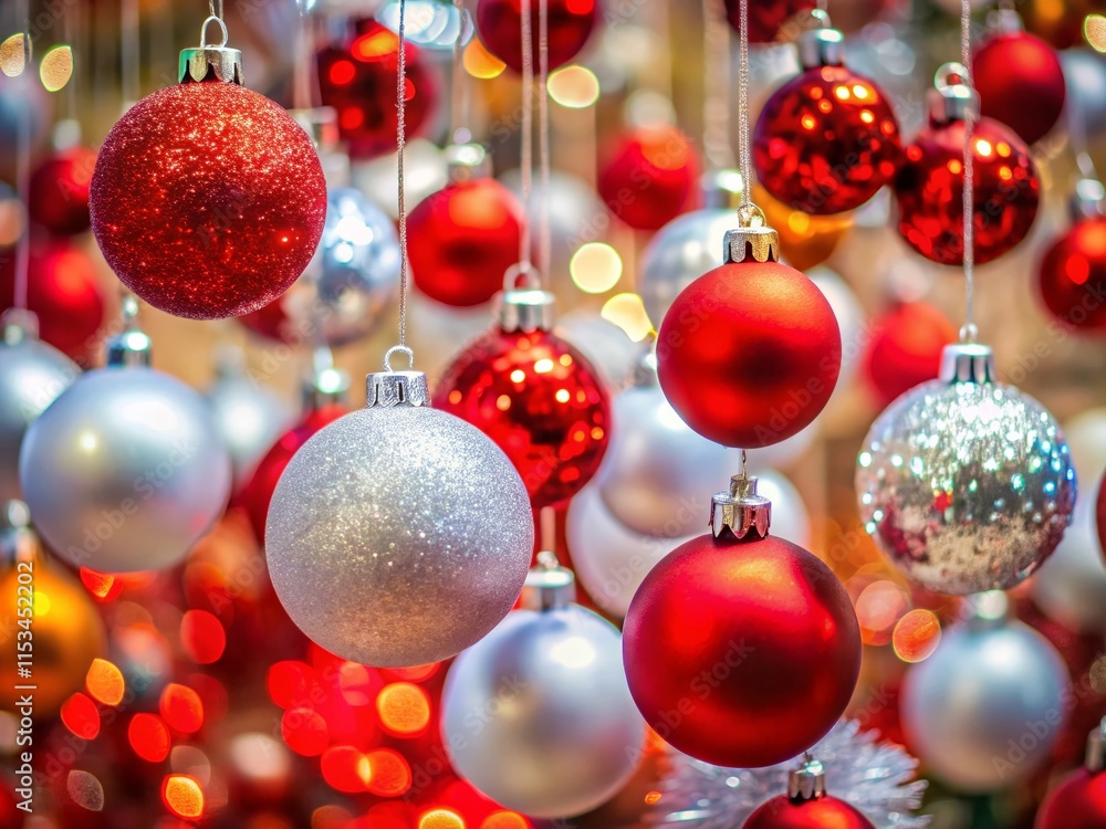 Fototapeta premium Festive Red, White & Silver New Year's Eve Ball Ornaments Hanging Decor