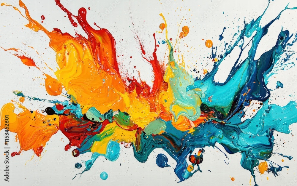 Fototapeta premium A vibrant splash of liquid paint in bold tropical shades such as coral, turquoise, and yellow, creating fluid motion on white