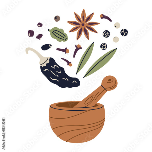 Vector illustration of wooden mortar and pestle with spices like pepper, bay, cardamom, anise, and clove. Flat cartoon style for seasoning, doodle composition kitchen, and cooking themes