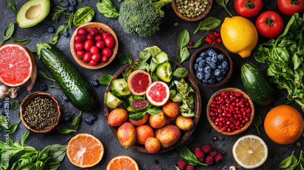 Assortment of fresh fruits and vegetables with vibrant colors Assortment of fresh fruits and vegetables with vibrant colors