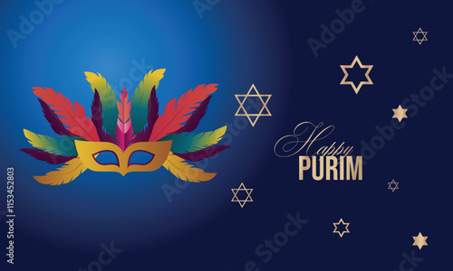 Purim, realistic vector illustration. Balloons and flags, star of david and carnival masks.