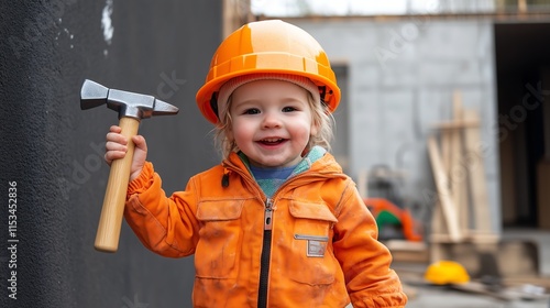 A child wearing a builder’s hard hat, holding a toy hammer. photo