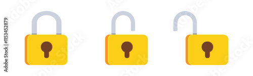 Lock icon set. Locked and unlocked vector icon set. Lock and unlock padlock symbol of device security. Privacy symbol vector stock illustration. Round and square shape padlock.