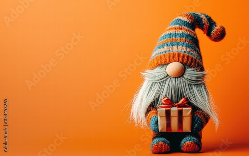 A whimsical gnome with a striped hat and a tiny wrapped gift, placed on a bright orange background photo