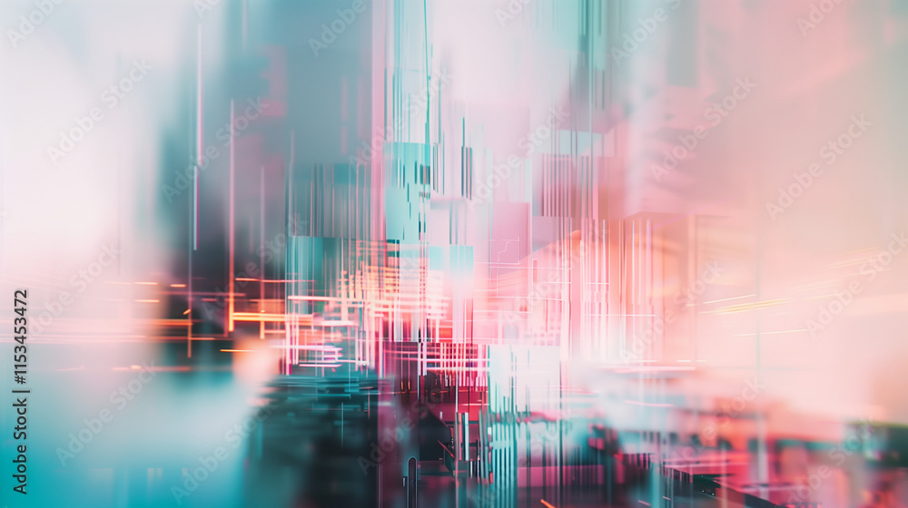 Obraz premium A futuristic abstract digital cityscape featuring glowing light streaks, geometric patterns, and pastel colors blending with soft gradients. 