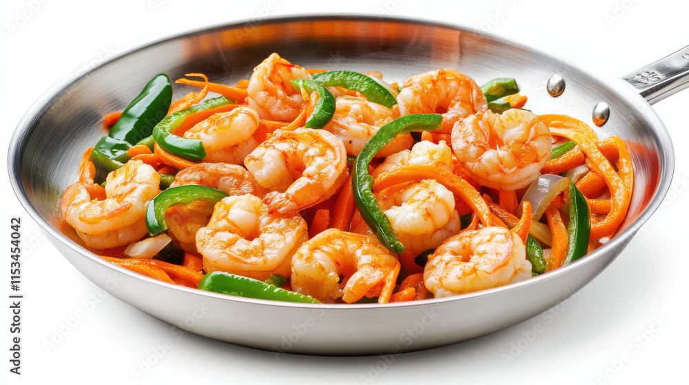 Fresh shrimp, sliced carrots, green peppers, and onions tossed in a glossy steel frying pan, captured mid-flip with an emphasis on bold, deep oranges, greens, and yellows against a bright white backgr Fresh shrimp, sliced carrots, green peppers, and onions tossed in a glossy steel frying pan, captured mid-flip with an emphasis on bold, deep oranges, greens, and yellows against a bright white backgr