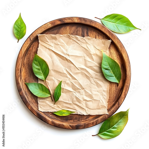 Organic Food Display on Wooden Dishboard with Green Leaves and Paper Texture photo