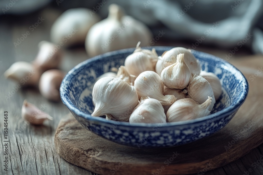 Fresh garlic cloves in a blue and white bowl on a wooden surface. Fresh garlic cloves in a blue and white bowl on a wooden surface.