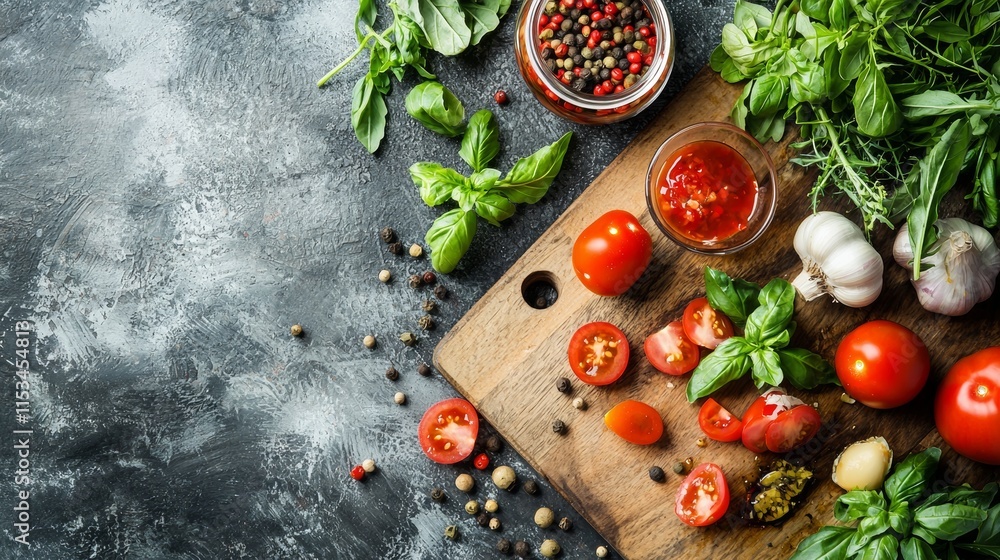 Fresh vegetables and herbs on a wooden cutting board Fresh vegetables and herbs on a wooden cutting board