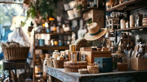 Rustic shelves with handmade items in a cozy shop