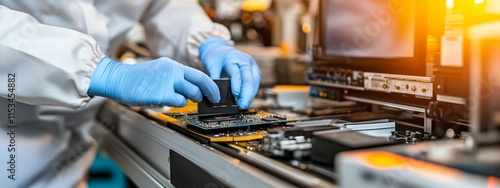 Technician Assembling Flat-Screen TV: Electronics Manufacturing, Precision Engineering, High-Tech Production, and Cleanroom Technology