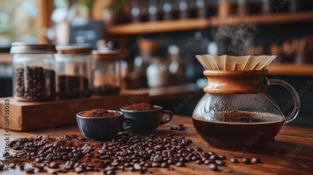 Freshly Brewed Coffee Beans and Grounds Freshly Brewed Coffee Beans and Grounds