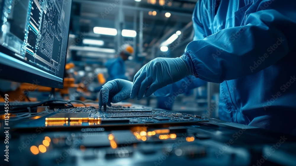 Technician Assembling Flat-Screen TV: Electronics Manufacturing, Precision Engineering, High-Tech Production, and Cleanroom Technology Technician Assembling Flat-Screen TV: Electronics Manufacturing, Precision Engineering, High-Tech Production, and Cleanroom Technology