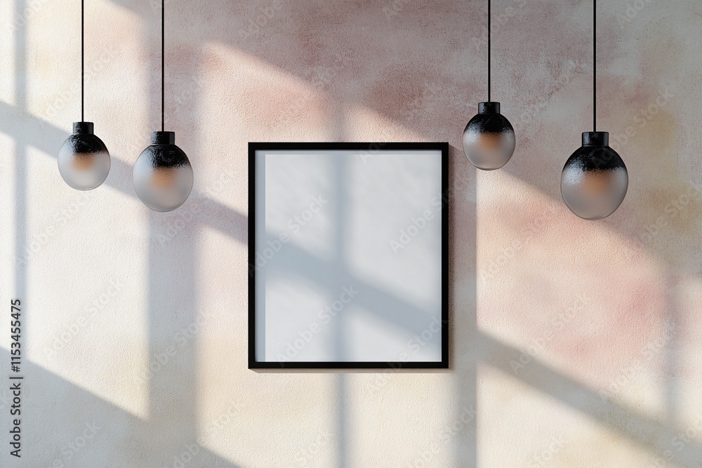 Empty Frame on Beige Wall with Pendant Lights Empty Frame on Beige Wall with Pendant Lights