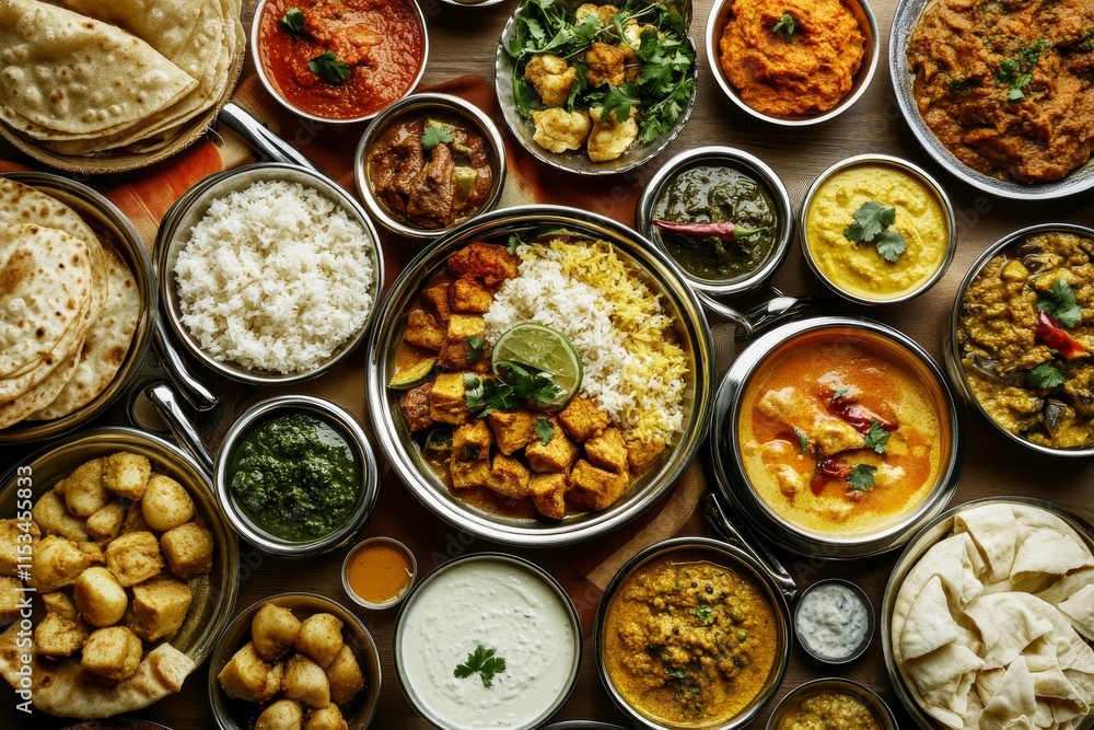 Diverse array of Indian dishes, including curries, rice, naan bread, and various side dishes, arranged on a wooden table. Diverse array of Indian dishes, including curries, rice, naan bread, and various side dishes, arranged on a wooden table.