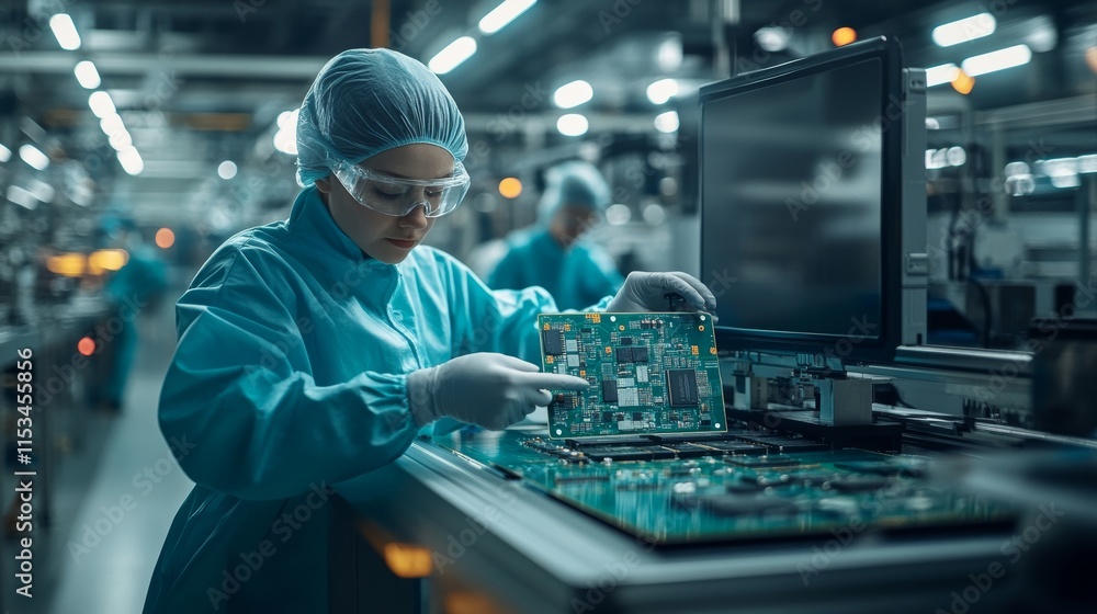 Technician Assembling Flat-Screen TV: Electronics Manufacturing, Precision Engineering, High-Tech Production, and Cleanroom Technology Technician Assembling Flat-Screen TV: Electronics Manufacturing, Precision Engineering, High-Tech Production, and Cleanroom Technology