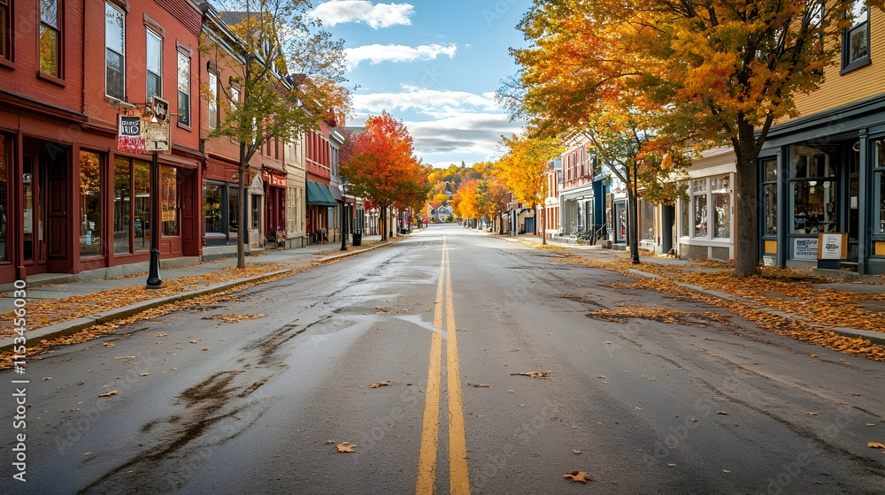 Fototapeta premium Quaint main street in Montpelier Vermont with historic buildings and vibrant fall colors