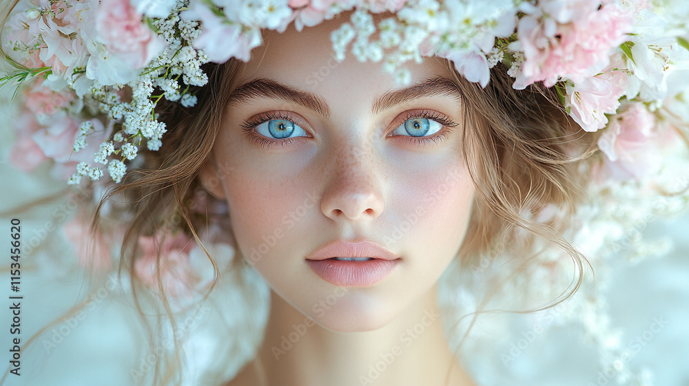 A young woman wearing a spring wreath on her head. The concept of the arrival of spring. A young woman wearing a spring wreath on her head. The concept of the arrival of spring.