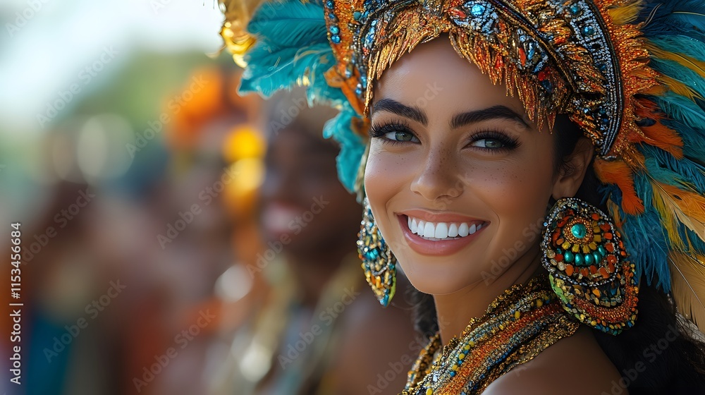 Fototapeta premium Group of samba dancers in dazzling costumes performing near a colorful parade float
