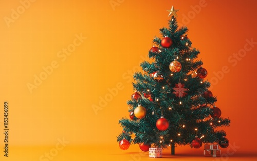 christmass tree with decorations toys and lights on orange background