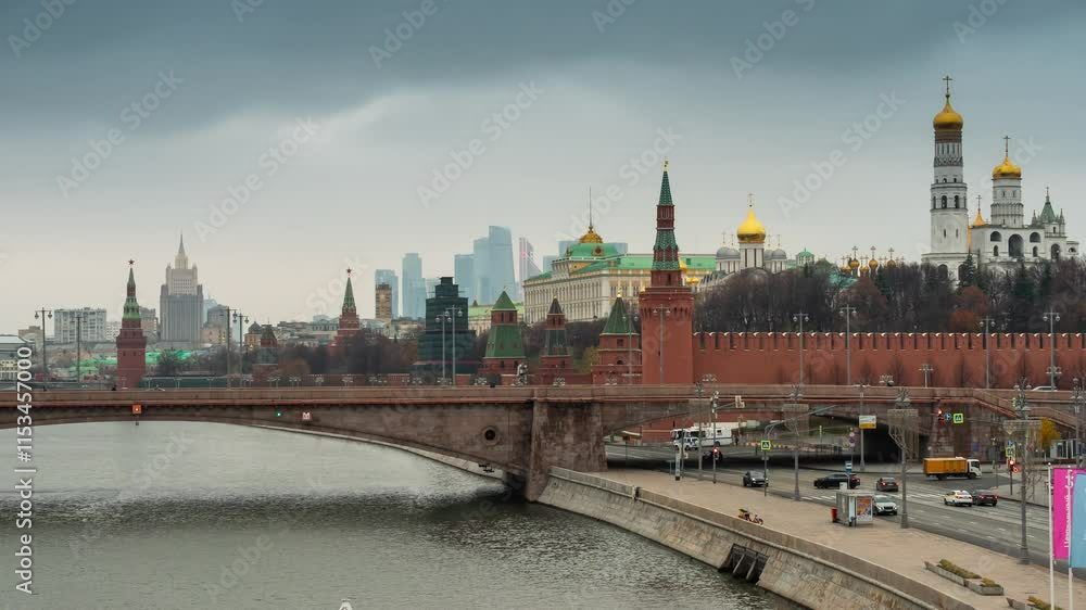 Moscow, Russia - November 9, 2024: An overview of the historic Kremlin and Moscow city skyline during a cloudy day Moscow, Russia - November 9, 2024: An overview of the historic Kremlin and Moscow city skyline during a cloudy day