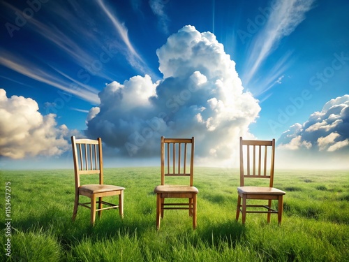 Whimsical Wooden Chairs Under Fluffy Clouds: Minimalist Dreamy Scene